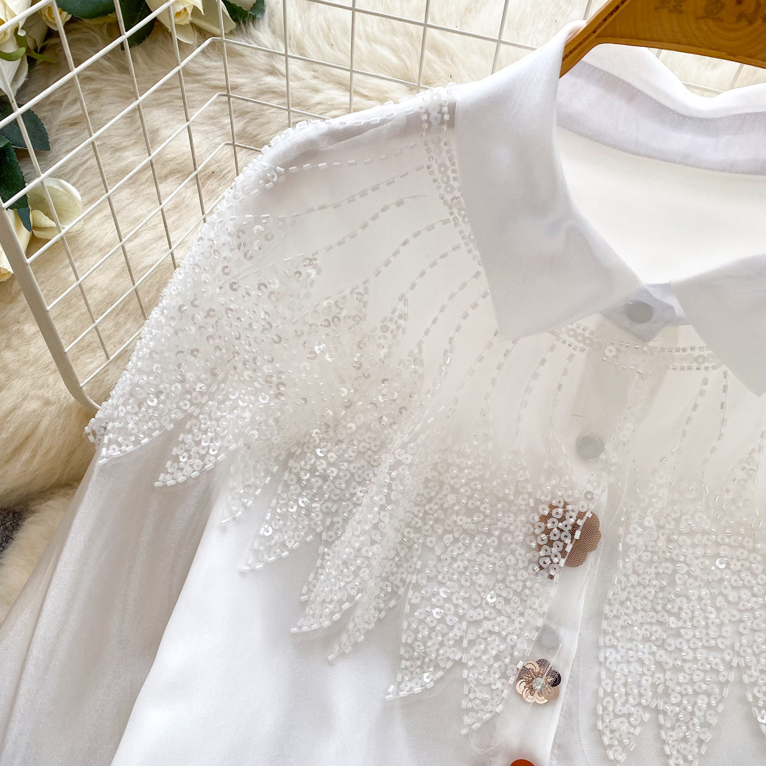 Women's Sequined Beaded Mesh Long Sleeved Shirt Loose Fitting Cardigan Elegant And Sophisticated Design for Commuting Niche_voghion.com