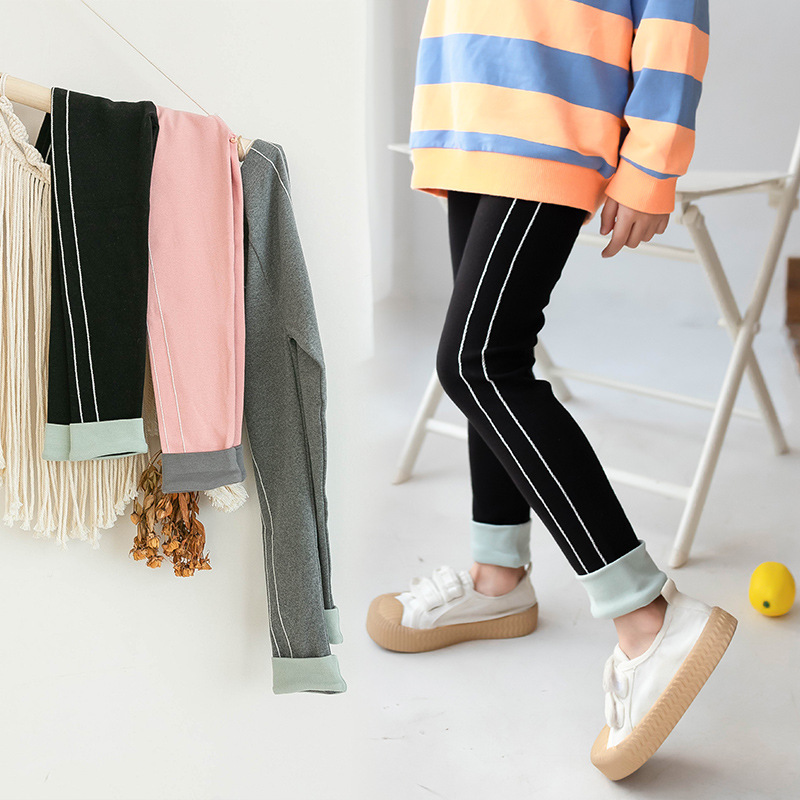 女童打底裤春秋侧边条纹外穿黑色灰色女宝女孩儿童洋气春装裤子棉|ru