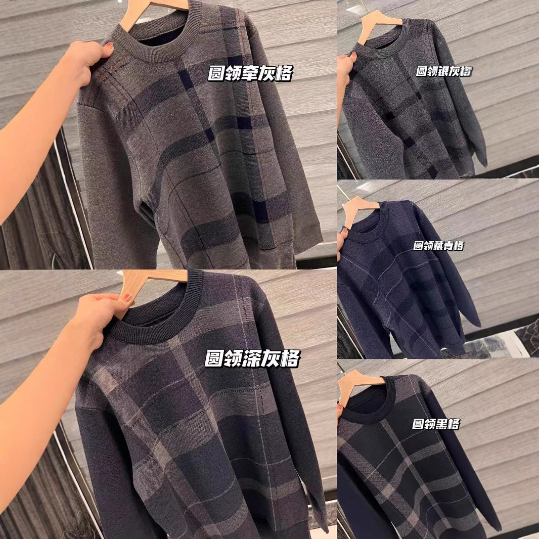 Entrega de una sola pieza Otoño e Invierno forrado de lana engrosada cuello redondo suéter de solapa Camiseta suéter de invierno de los hombres camisa de fondo a cuadros