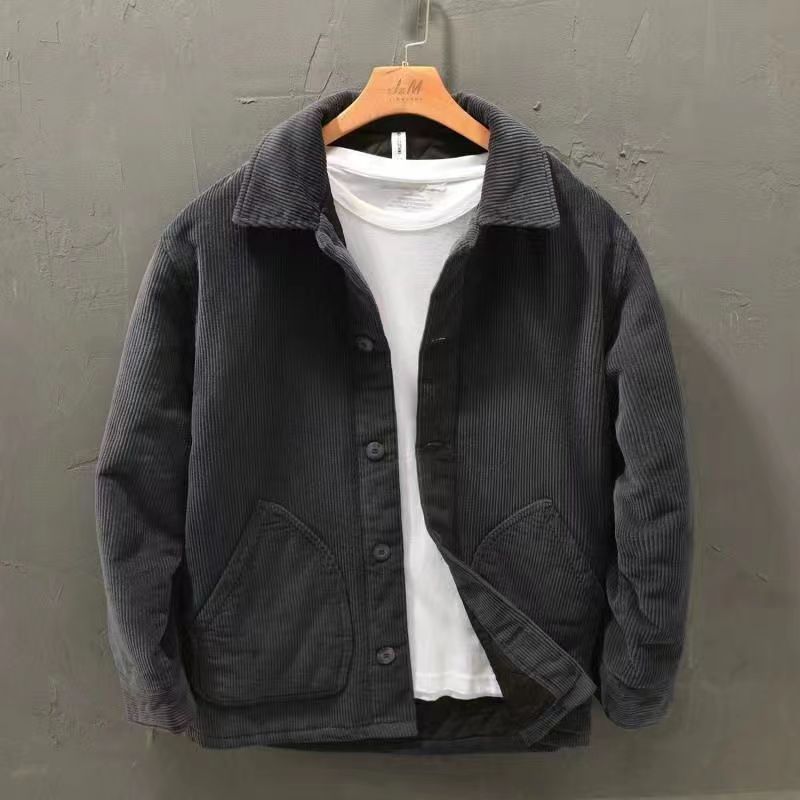 Winter Retro Corduroy Casual Wear for Men, Warm and Loose Fit, Youthful Outerwear, Corduroy Top, Gray and Black