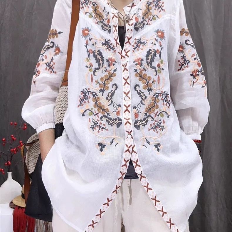 2025 Spring and Summer New Retro Ramie Embroidered Shirt Thin Loose Slimming Look Literary Casual Nine-Quarter Sleeve Top for Women