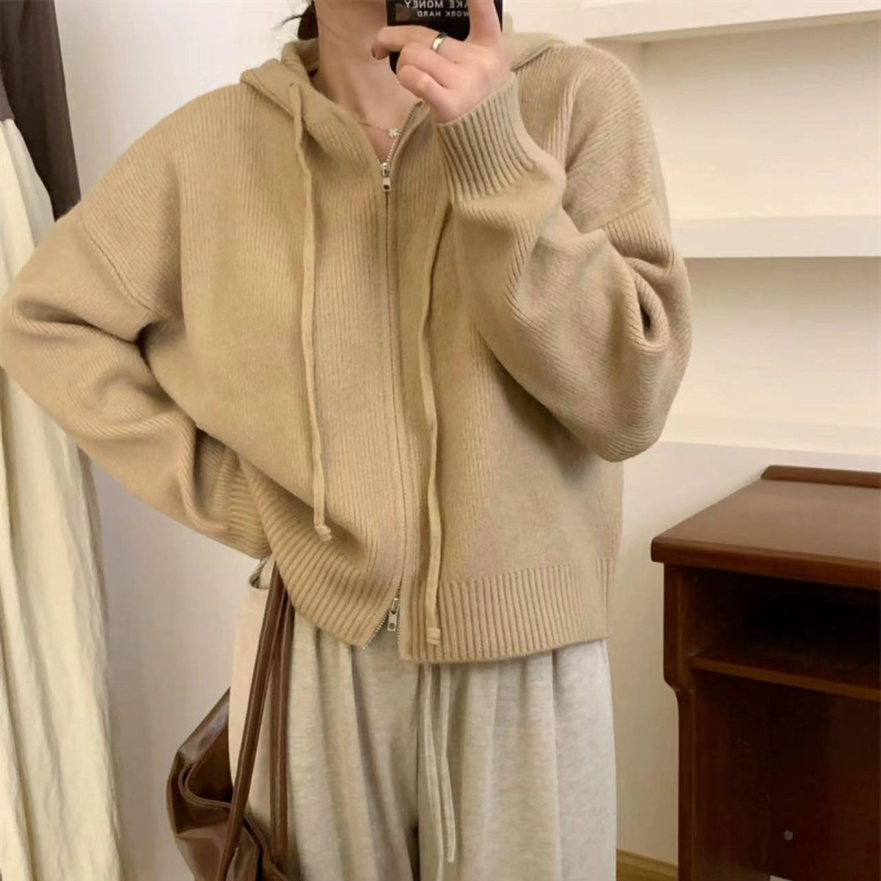 ニットフード付きダブルファスナー付きショートカーディガン|undefined