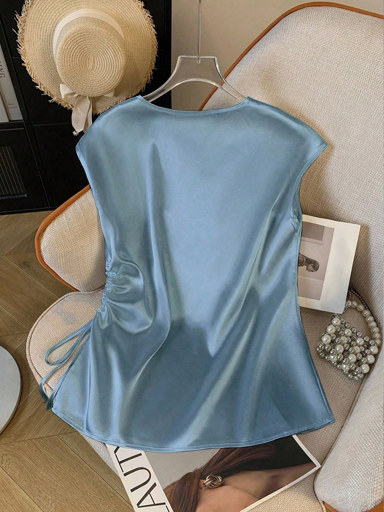 Damen Satin Bluse Mit V-ausschnitt Elegantes Sommer Oberteil_voghion.com