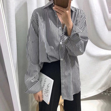 衬衫女长袖2025春季新款宽松韩版休闲百搭女学生复古条纹衬衣