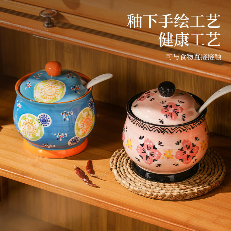 Porcelana pintada a mano esmaltada de color cerámico con sabor, grasa doméstica, grasa de cerdo con cuchara de cubierta, grasa de cerdo resistente a altas temperaturas