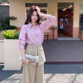 女装夏装温柔气质粉色衬衣屁帘裤腿两件套装2026春季新款