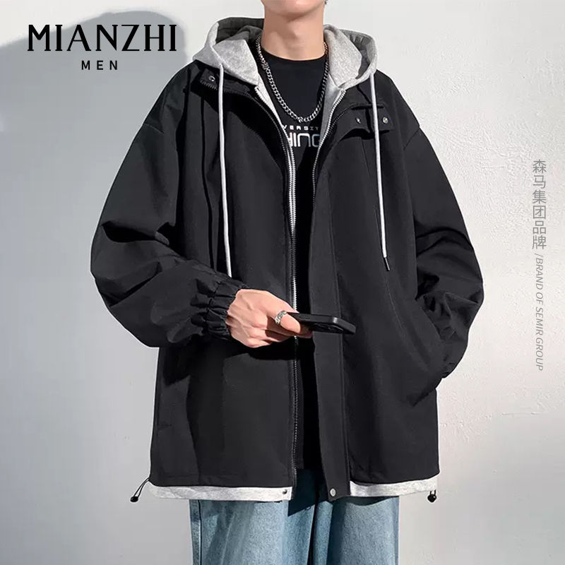假两件外套男秋季休闲宽松大码连帽夹克潮牌百搭春秋上衣防风