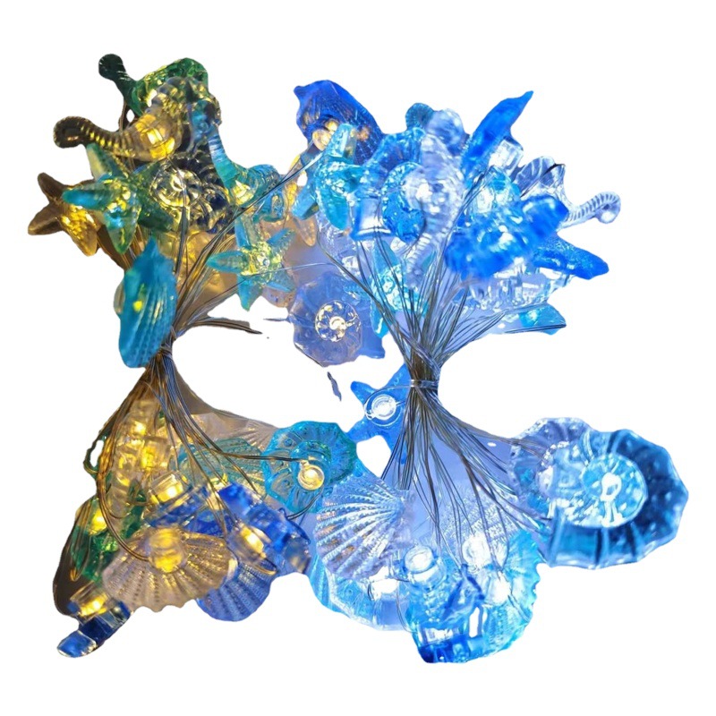Serie de accesorios solares cruzados, cadena de luces, tema náutico, caballito de mar, concha de caracol, estrella de mar, cadena de luz decorativa verde