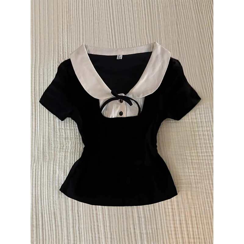 Американская ретро-фальшивая футболка из двух частей с воротником-поло и короткими рукавами для женщин, летний дизайн, короткий топ в стиле bm с чистой талией