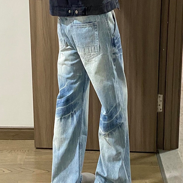 水洗蓝直筒牛仔裤男春秋款美式高街vibe裤子cleanfit弯刀微喇长裤|undefined