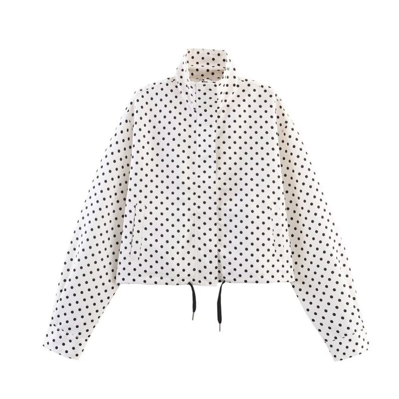 Cross-Border Export Women's Clothing Autum New European and American Style Fashion Loose Stand-Up Collar Polka Dot Seersucker Zipper Jacket