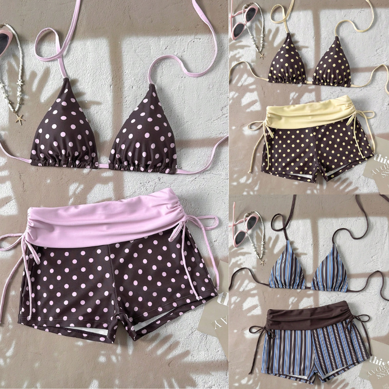 2026 New European and American Cross-Border Bikini, Sexy Tie-Strap Retro Striped Polka Dot Print Boxer Briefs Bikini 2026 New European and American Cross-Border Bikini, Sexy Tie-Strap Retro Striped Polka Dot Print Boxer Briefs Bikini