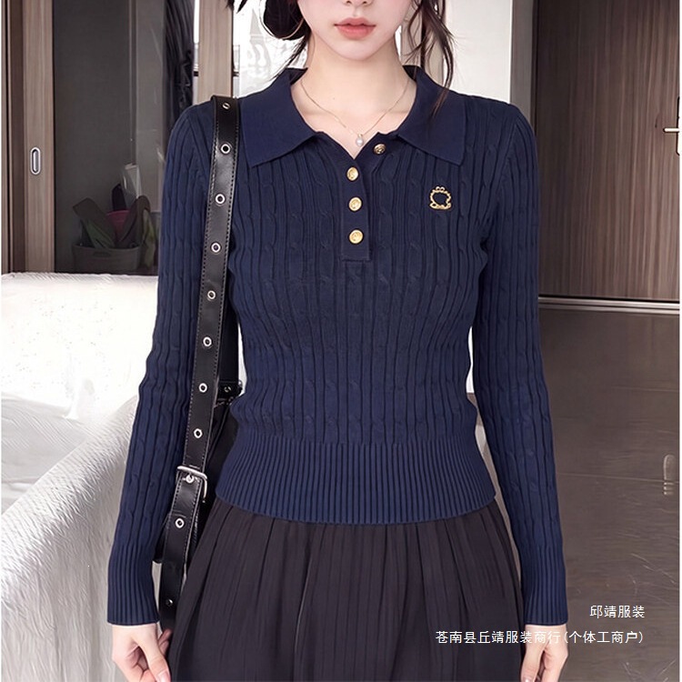 Navy blue, regular-fit, polo-neck knit sweater for women, perfect as an inner layer for autumn and winter, with a slim fit and a classic, preppy style