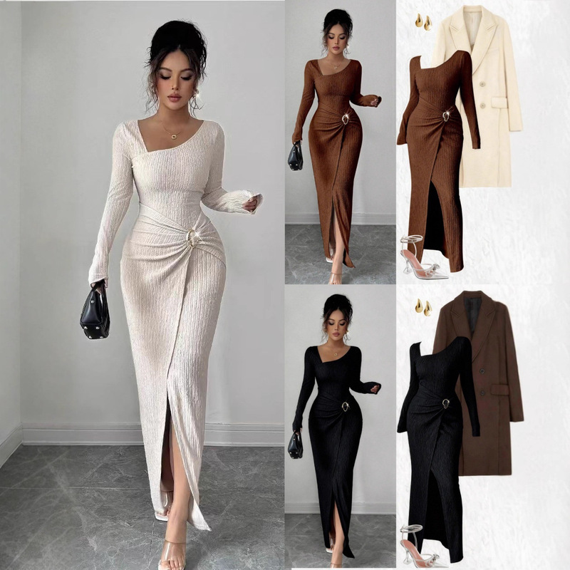 2025 European and American Sexy Women's Clothing Cross-Border Amazon New Knitted Texture Fashion Long-Sleeved Dress Slim Women's Clothing