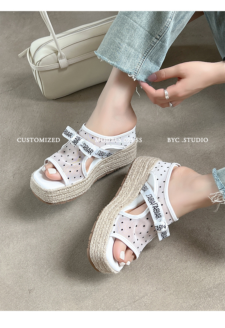 Sandal hở mũi nữ đế xuồng lưới chấm bi gót độn cao 2025 — Chấm bi trắng, Màu trắng chi tiết 14