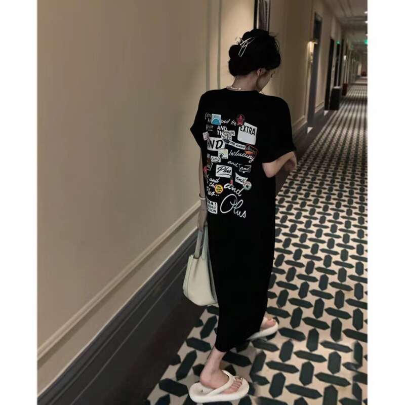 Korean-style chic black printed T-shirt dress women's summer 2022 New loose split mid-length skirt