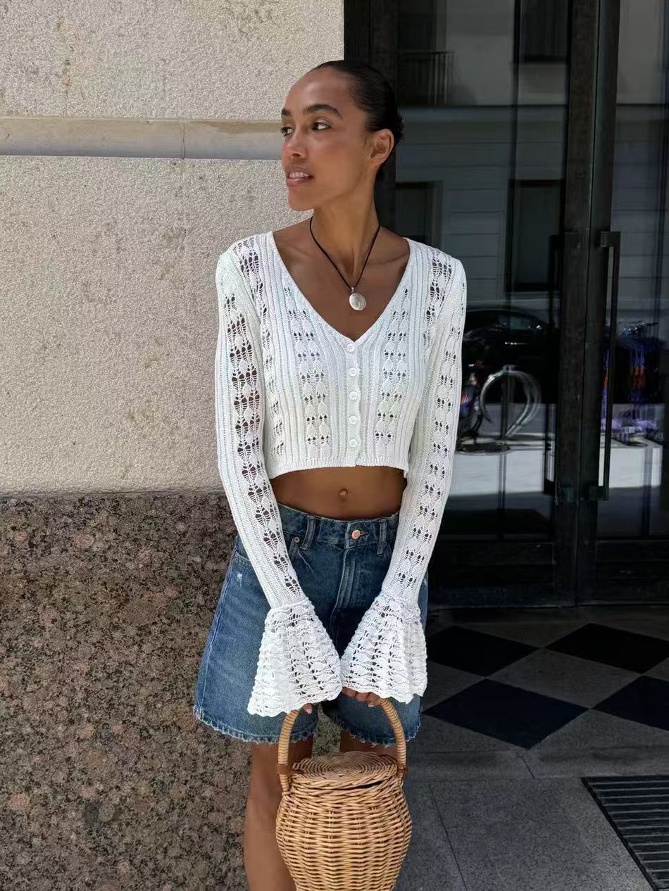 Women's Hollow-out Cardigan Long-sleeve V-neck Solid Colour Top_voghion.com