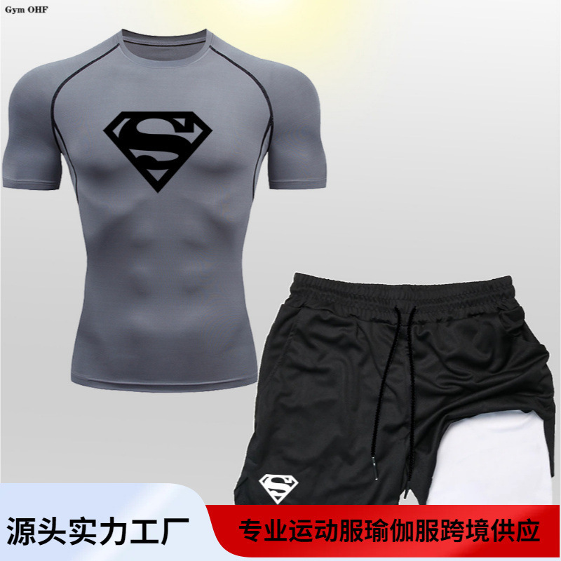 Cross-border Men's Double-layer Shorts Short-sleeved suit Gym Training Clothes Casual Summer Two-piece Printed Superman Cross-border Men's Double-layer Shorts Short-sleeved suit Gym Training Clothes Casual Summer Two-piece Printed Superman