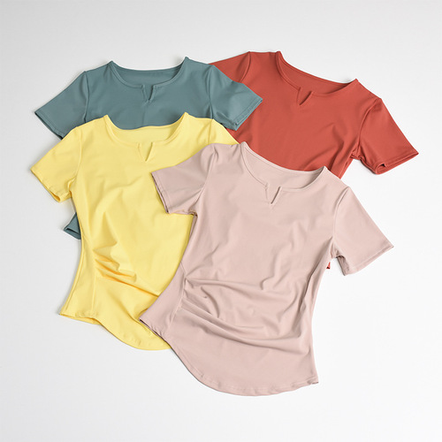 Lulu Nudist Sports Top for Women, Quick-Drying Training Running Fitness Short-Sleeve Large Size Yoga T-Shirt, Breathable T-Shirt for Spring and Summer