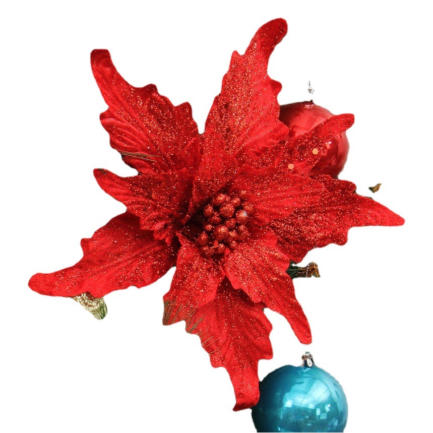 Flor artificial de Navidad 24cm Oro rojo blanco cola de Fénix Flor de Navidad lentejuelas en polvo ceremonia de boda de doble capa Flor decorativa de Navidad
