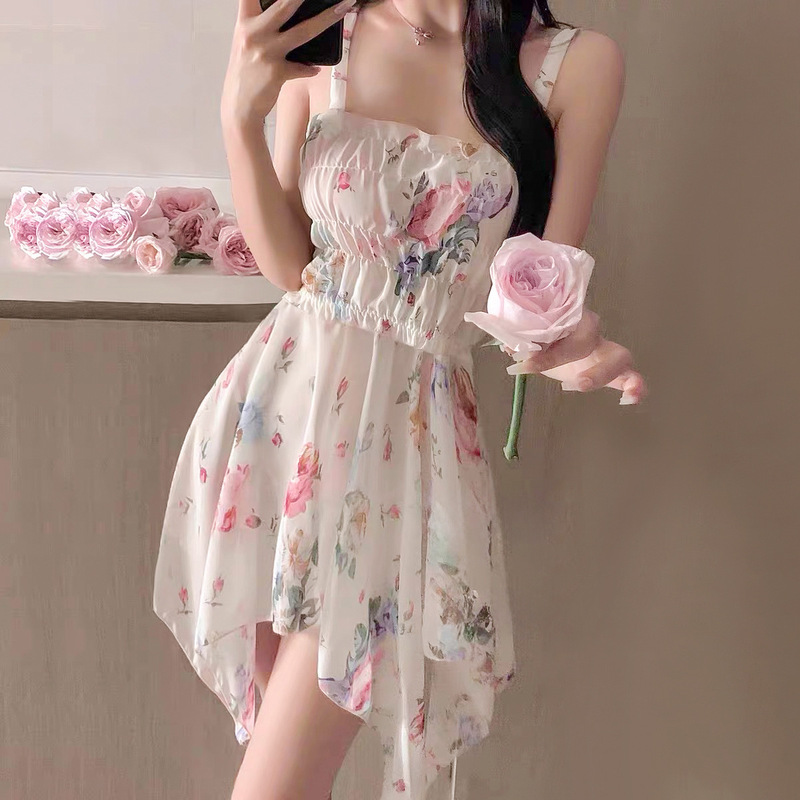 Sexy Lingerie with Floral Pattern, French Niche Retro Camisole Nightgown Mesh Dress for Women