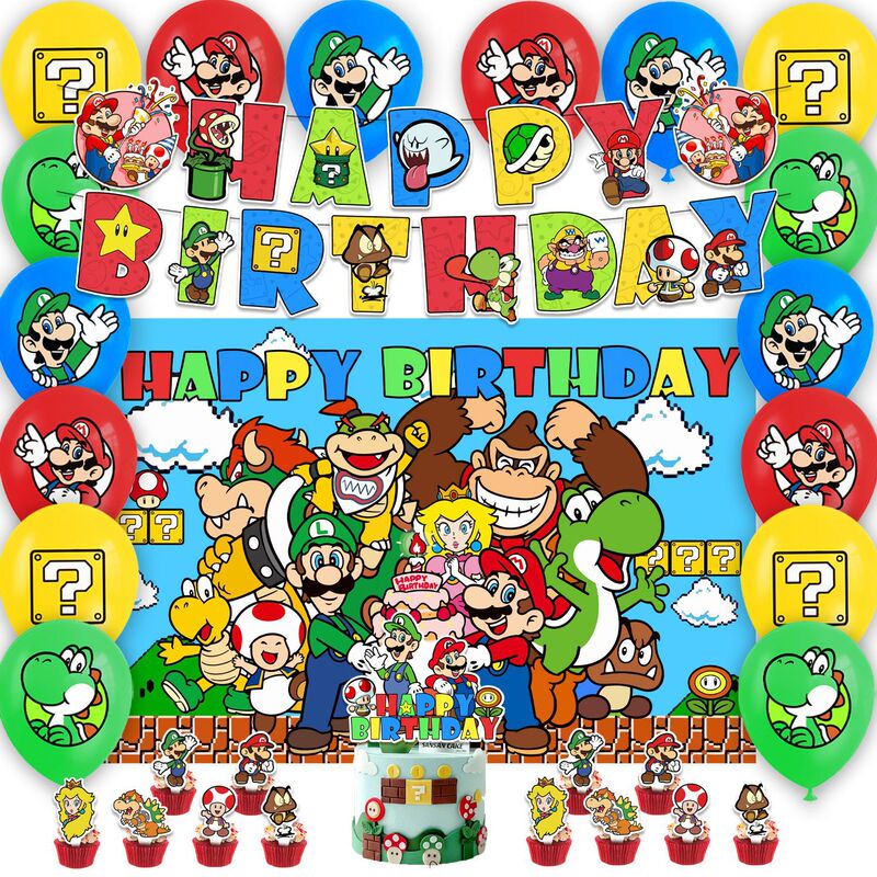 Mario birthday party decoration pull flag balloon background cloth cake insert Super Mary party supplies