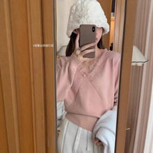 十三行高货 韩系蕾丝！2025秋冬拼接v领显瘦淑女长袖打底针织衫