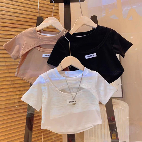 Girls short-sleeved T-shirt irregular summer baby fashionable jazz top short slim children's clothing trendy cool T