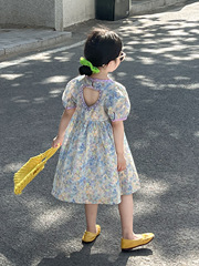 女童夏裝甜美公主夢幻紫花朵後背珍珠釘扣愛心鏤空泡泡短袖連衣裙