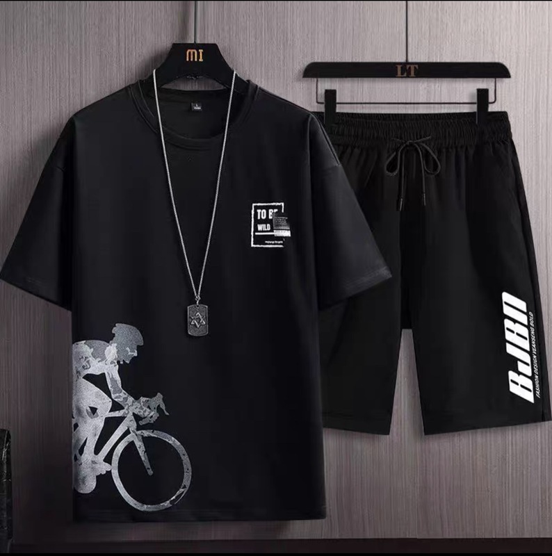 新しい速乾性アイスシルクグラデーションスーツメンズ半袖Tシャツ夏カジュアルショーツスポーツツーピースセットハンサム紳士服|undefined