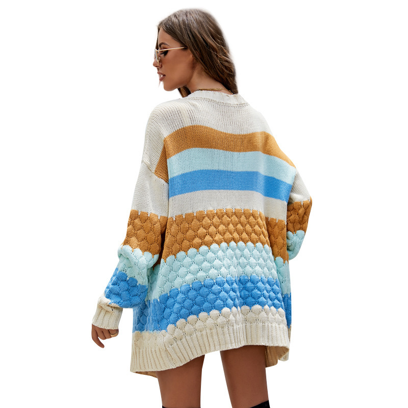 European and American Casual Contrast Color Sweater Coat Women's 2022 New Loose Mid-length Top Autumn and Winter Outer Knitted Cardigan_voghion.com