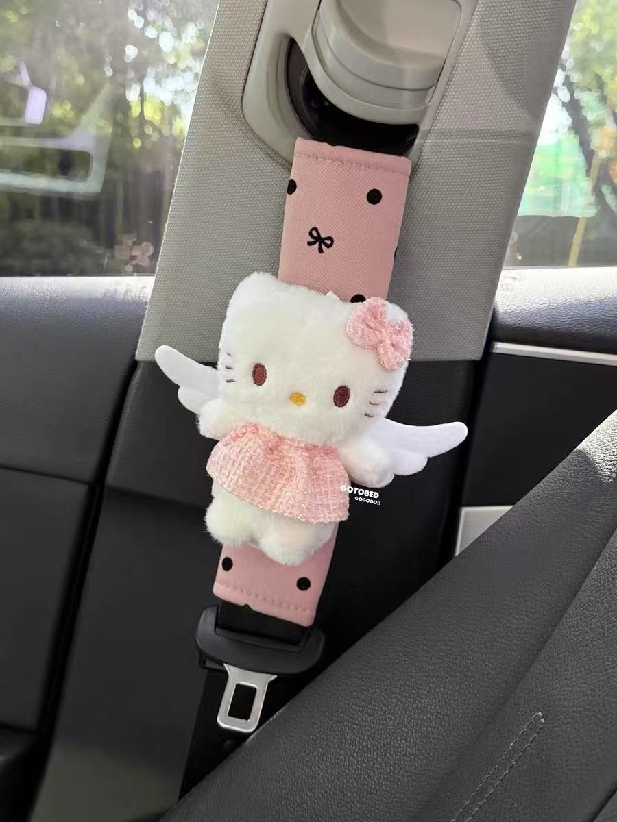 Sanrio Plaid Skirt Hello Kitty Seatbelt Shoulder Protector Cute Cartoon Plush Car Protective Cover Car Gift