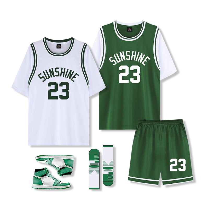 Short-Sleeved Basketball Uniform Custom-Made Suit Fake Two-Piece Men's Green Jersey Class Uniform Student Training Team Uniform Girls' Uniform