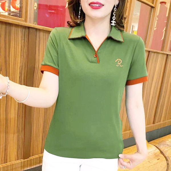 Middle-aged Mom Stretch Cotton Short-sleeved T-shirt Women's Summer Fashionable All-match Lapel Shirt Short Stylish Shirt