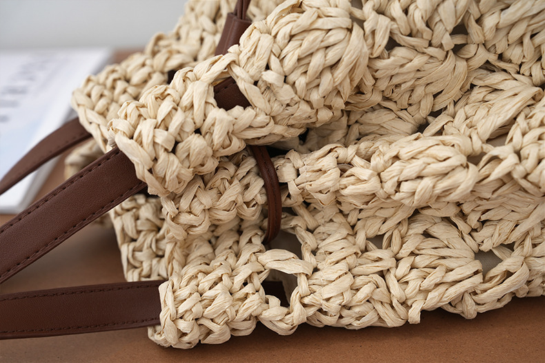 Straw Material Women's Straw Color Block Vacation Beach Weave Bucket String Straw Bag