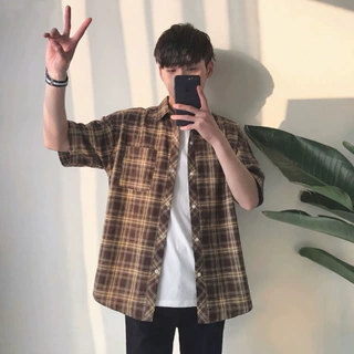 夏季短袖格子衬衫男休闲格子学生感痞帅日系港风复古韩版衬衣跨境