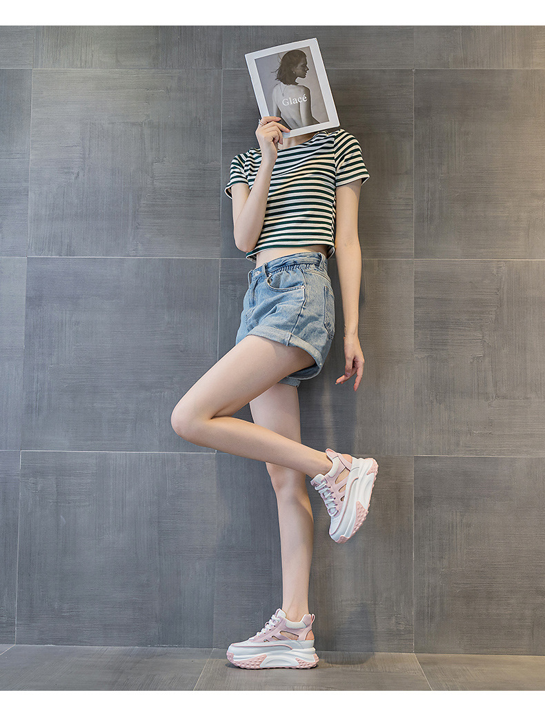 Giày sneaker nữ da thật đế dày phong cách bố mùa hè 2025 nhẹ tăng chiều cao — M2357 màu hồng, M2357 màu xanh lá cây, M2357 màu trắng chi tiết 25