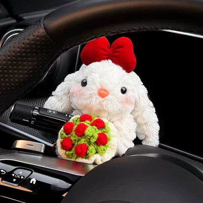 Cute Rabbit Car Dashboard Doll Interior Wiper Turn Signal Decoration High-End Ornament 2026 New Model (Sürətlər qutusu və əl tormozu başlıqları) - big-red-knot-and-red-bouquet-lop-eared-rabbit-huibang