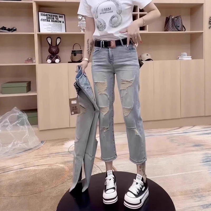 European-Style Light Blue Stretch Jeans for Women 2025 New Summer Thin Ripped Slimming Cropped Cigarette Straight Pants