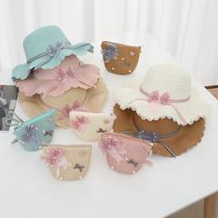 Summer New Kids Cute Hat Bag Set of Two Grass Hat Sunshade Sun Hat Girl Wave Brim Hat