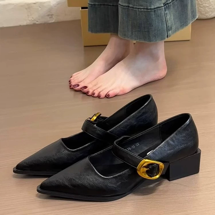 Версия из овчины ~ Ретро металлическая пряжка толстая туфли на каблуке женские легкие туфли с заостренным темпераментом дикие туфли Мэри Джейн
