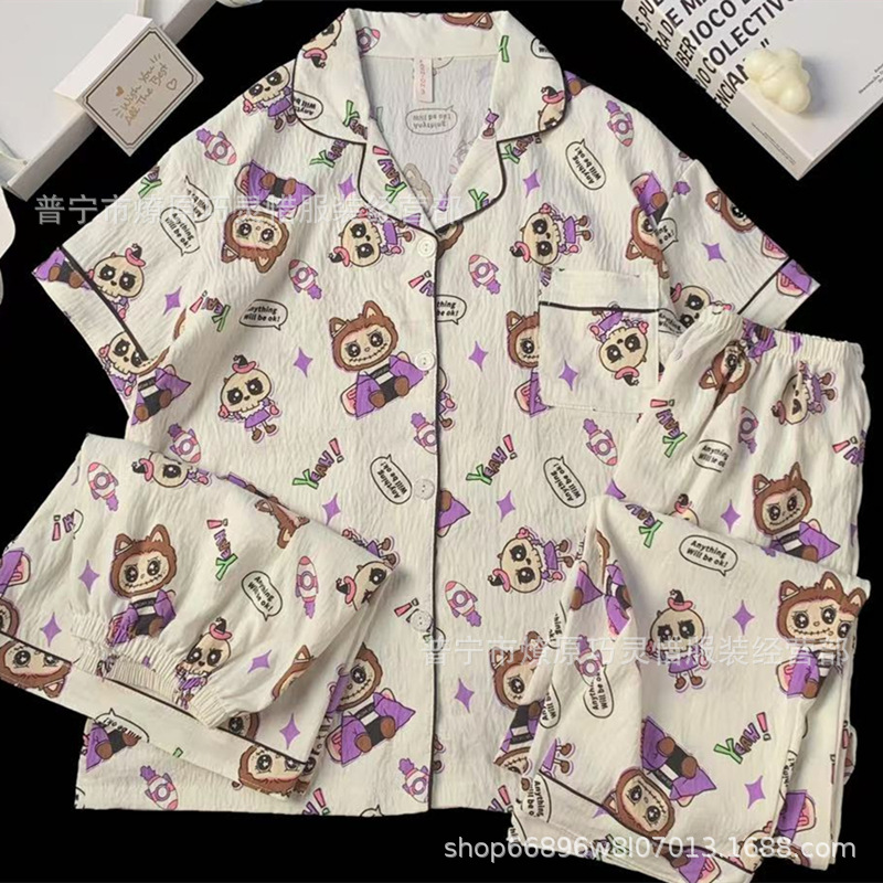 Hermosos pijamas de tela de rabu mujeres primavera y otoño verano nubes de algodón dulce mangas cortas pantalones cortos de tres piezas ropa para el hogar