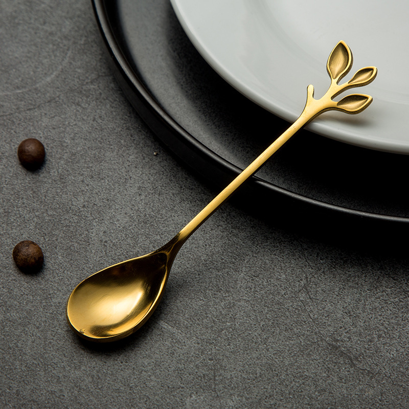 Cucchiaio piccolo dorato per mescolare caffè e dessert, regalo in acciaio inossidabile a forma di foglia, forchetta creativa per frutta_voghion.com
