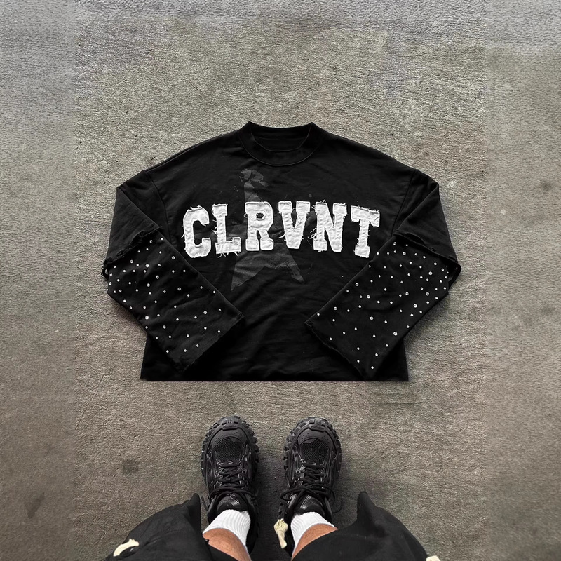 American-Style Dark Aesthetic Patchwork Embroidery Design Trendy Round-Neck Faux Two-Piece Retro Hip-Hop Personalized Unisex Sweatshirt American-Style Dark Aesthetic Patchwork Embroidery Design Trendy Round-Neck Faux Two-Piece Retro Hip-Hop Personalized Unisex Sweatshirt