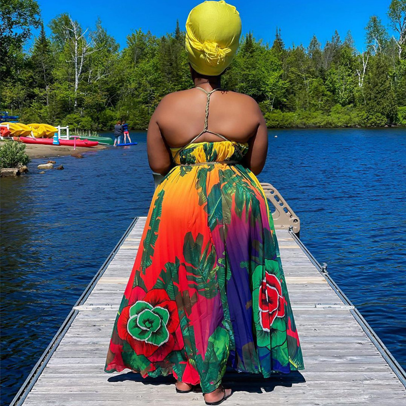 Women's Clothing ins women's clothing Summer fashion pleated straps printed backless large size large swing skirt_voghion.com