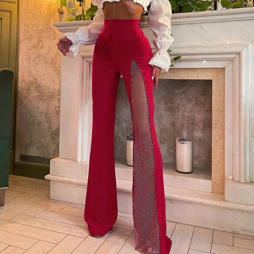 High Waist Stitching Solid Color Mesh Flared Pants display picture 4