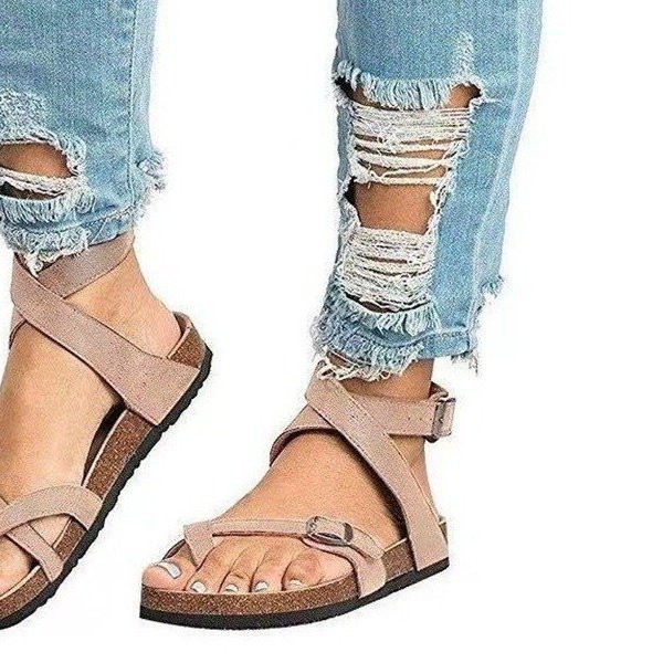Women's Beach Sandals With Buckle And Toe Loop Flat Sole_voghion.com