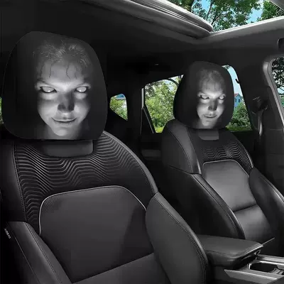 Cross-Border Temu Black and White Horror Smiley Face Design Car Pillow Cover Elastic Universal Horror Car Dust Cover Available for Wholesale (Sürətlər qutusu və əl tormozu başlıqları) - 2-pieces-of-double-sided-printing-2525cm-ct-faceless-man
