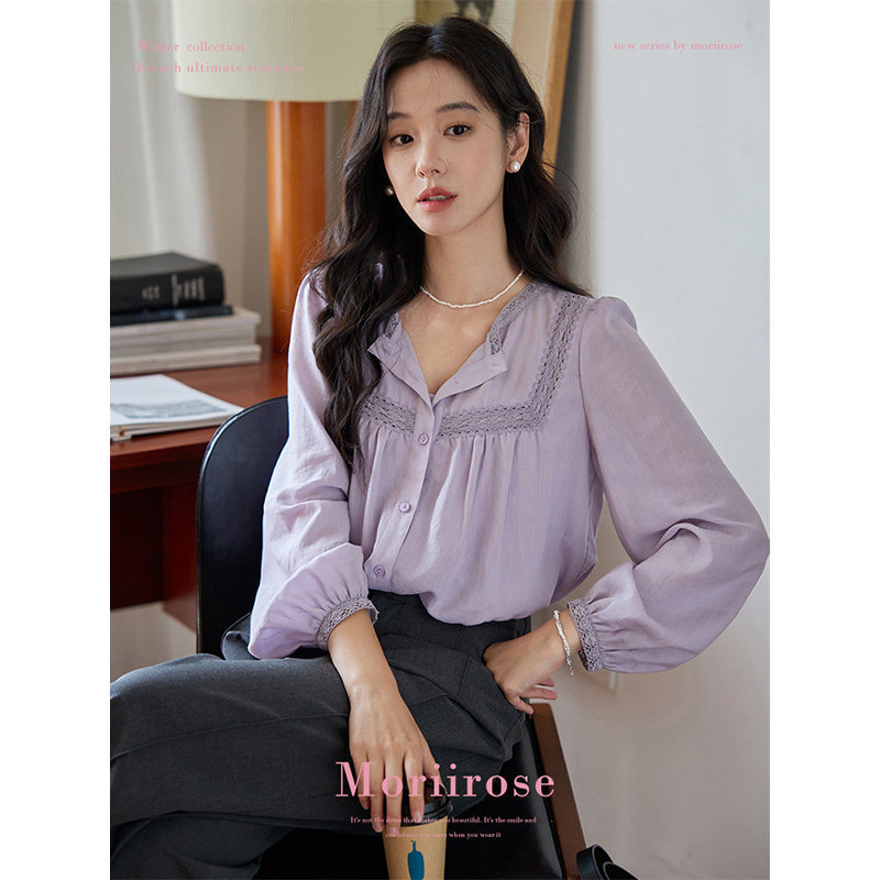 Moriirose Purple Lace Ruched Lantern Sleeve Tencel Linen Shirt for Women, Autumn French Style Commuting Top