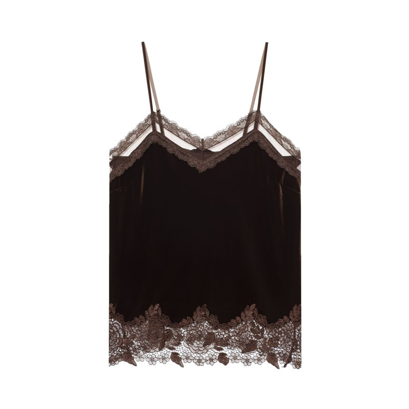 Foreign Trade Wholesale European and American Style 2025 Autumn New Lace Trim Velvet Suspender Top 8779458